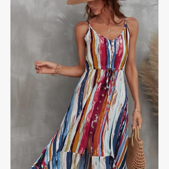 Colorful Summer Paint Stroke Artsy Sun Dress NWOT Midi - Picture 6 of 7